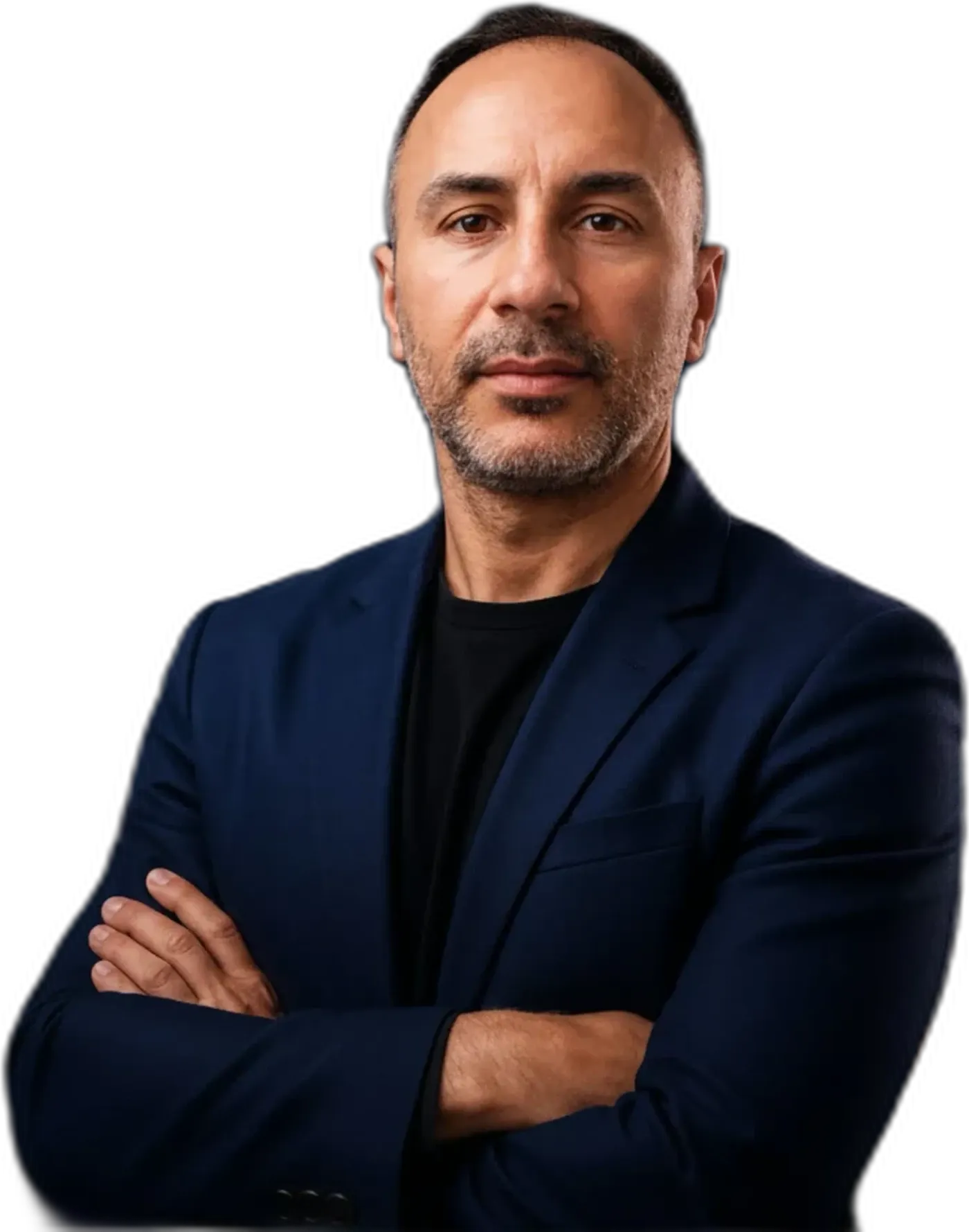 Portrait of Fjodor, full-stack .NET developer, in a navy jacket with arms crossed
