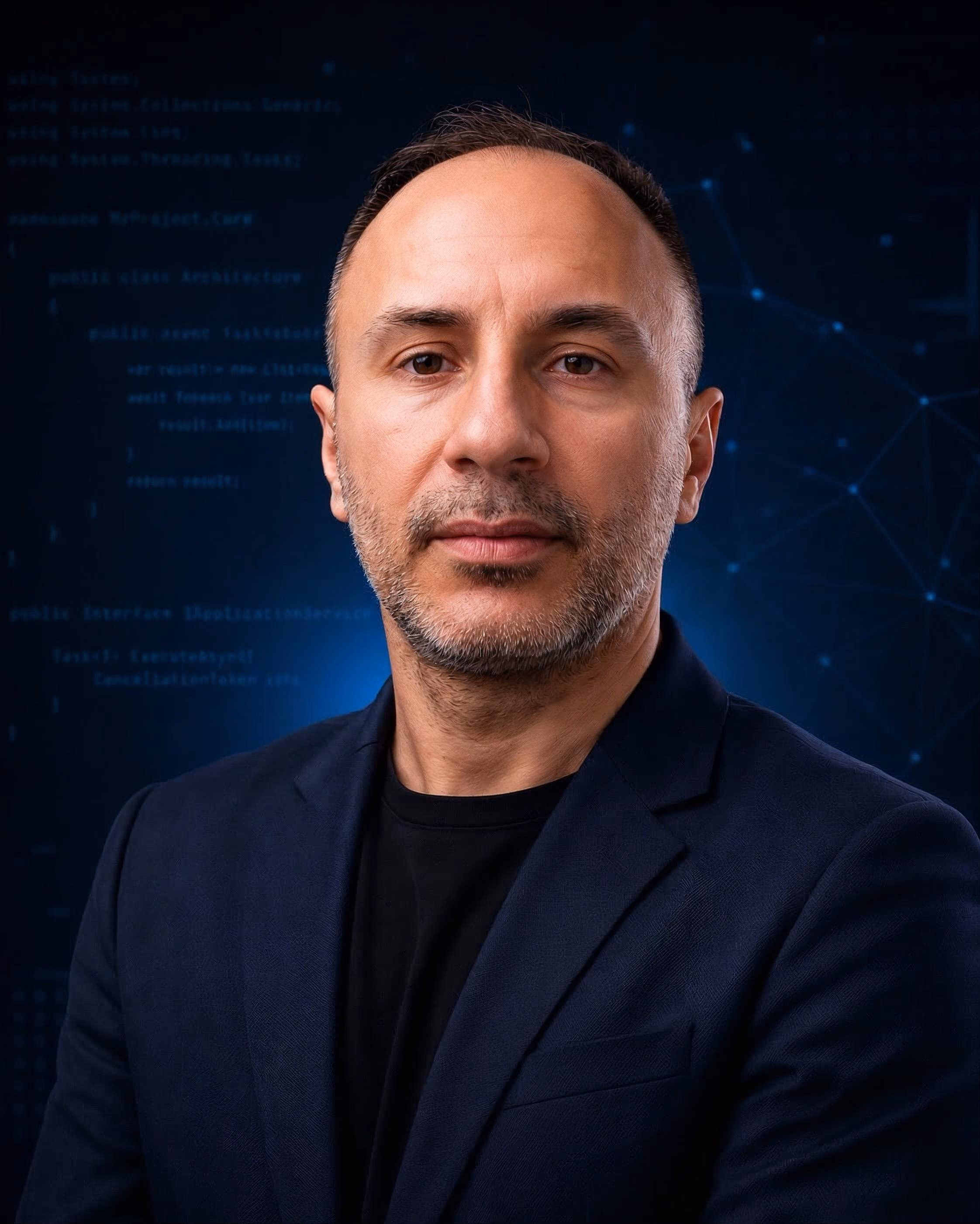 Fjodor, full-stack .NET developer, in a dark jacket against a code background